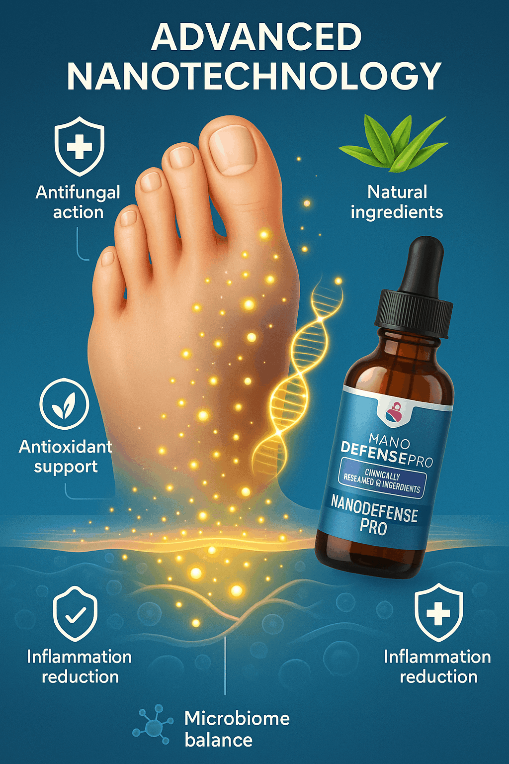 NanoDefense Pro infographic showing nanotechnology benefits for foot health, including antifungal action, inflammation reduction, microbiome balance, and antioxidant support